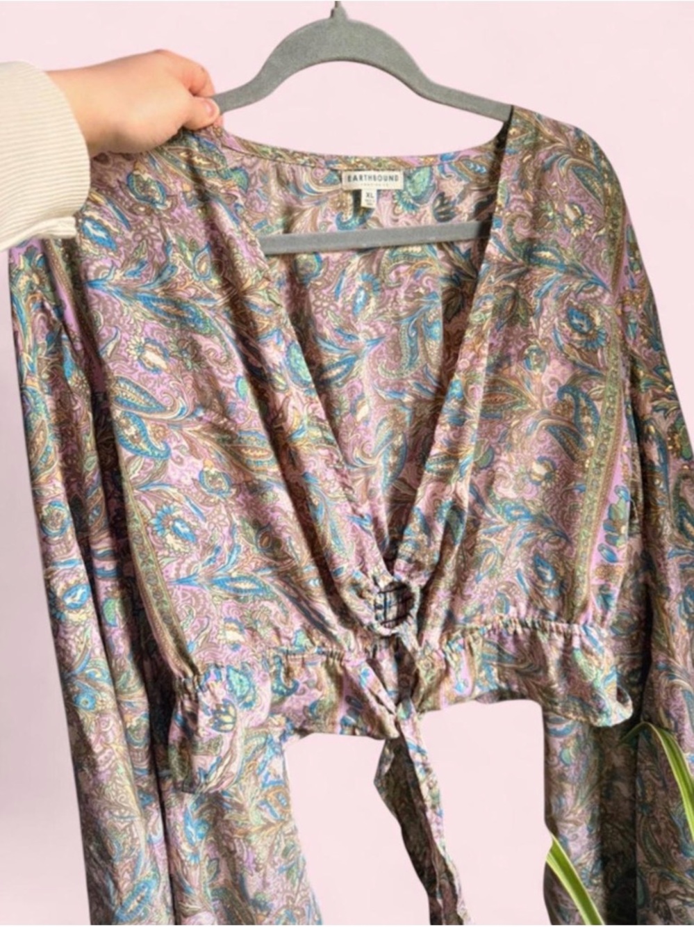 EARTHBOUND Lavender Paisley Tie-Front Blouse with Teal Accents